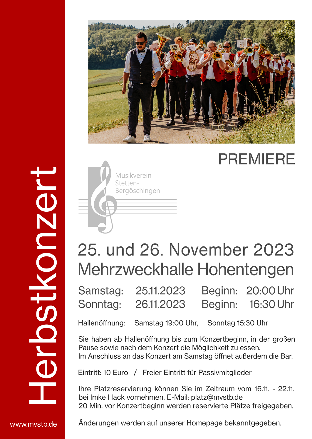 Herbstkonzert MV Stetten-Bergöschingen 2023: 25./26. November 2023, Mehrzweckhalle Hohentengen.